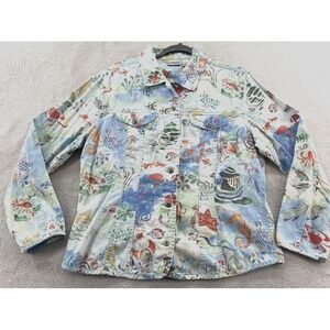 Chico's Shirt Jacket Women's Sz L Ocean Life Print Linen Button Sea Starfish
